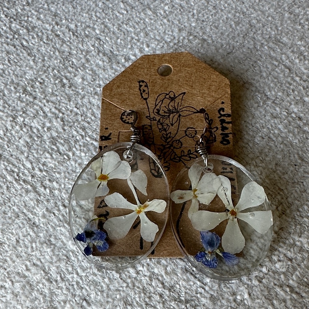 Floral Resin Earrings with White and Blue Flowers